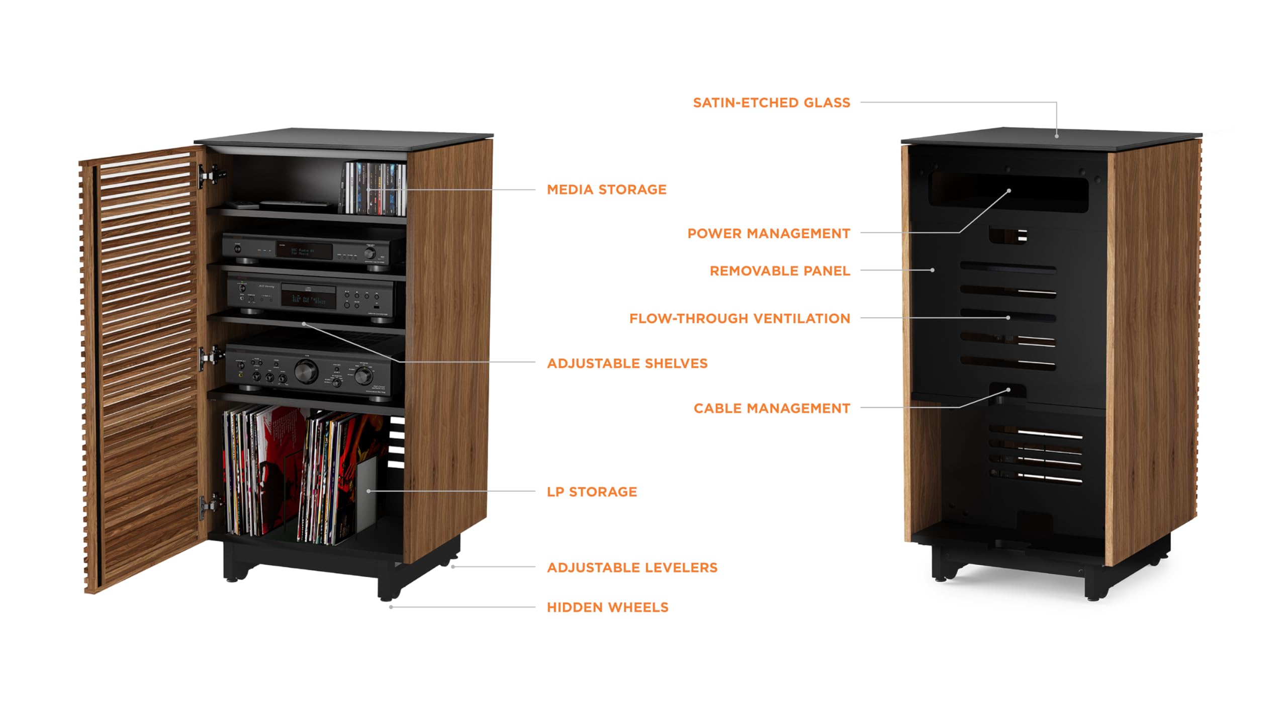 BDI Furniture Corridor 8172-22'' Audio Cabinet with Flow-Through Ventilation, Cable Management, Adjustable Shelves, Louvered Doors, Satin-Etched Tempered Glass Top, Natural Walnut