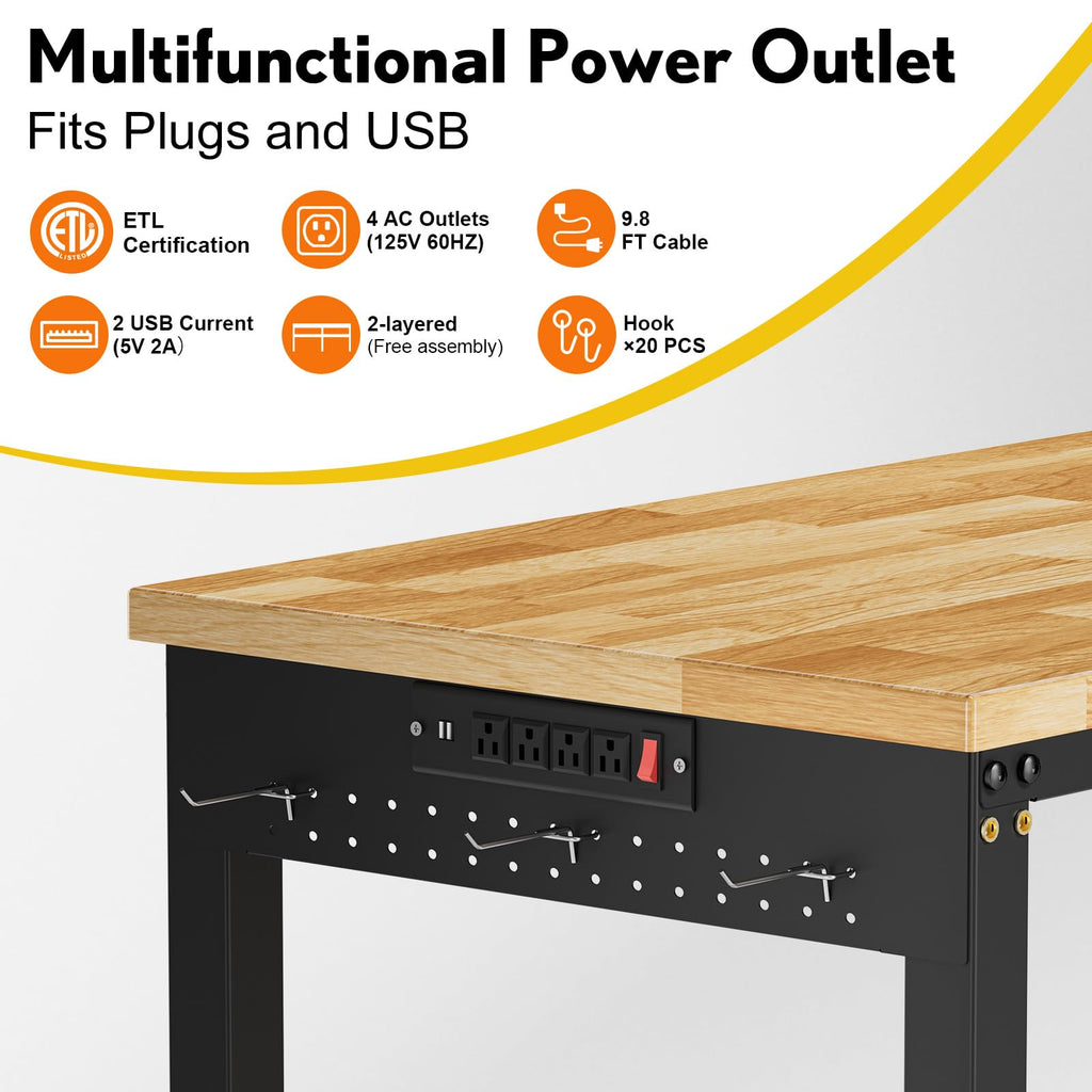 96” Adjustable Work Bench, 2-Layer Heavy Duty Workbench, 6000 LBS Capacity Workbench with Pegboard & Power Outlet, Rubber Wood Work Table for Garage, Office, Workshop, Home