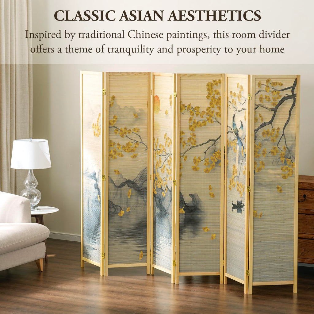 MyGift 6 Panel Large Bamboo Room Divider with Dual Sided Asian Birds Gingko Biloba Tree Sunset Design Print, 6FT Freestanding Artwork Privacy Partition Folding Screen with Beige Solid Wood Frame