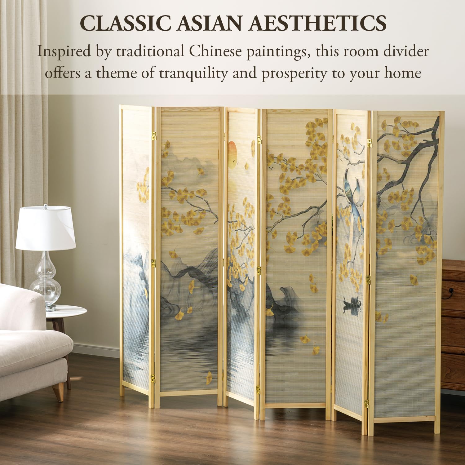 MyGift 6 Panel Large Bamboo Room Divider with Dual Sided Asian Birds Gingko Biloba Tree Sunset Design Print, 6FT Freestanding Artwork Privacy Partition Folding Screen with Beige Solid Wood Frame