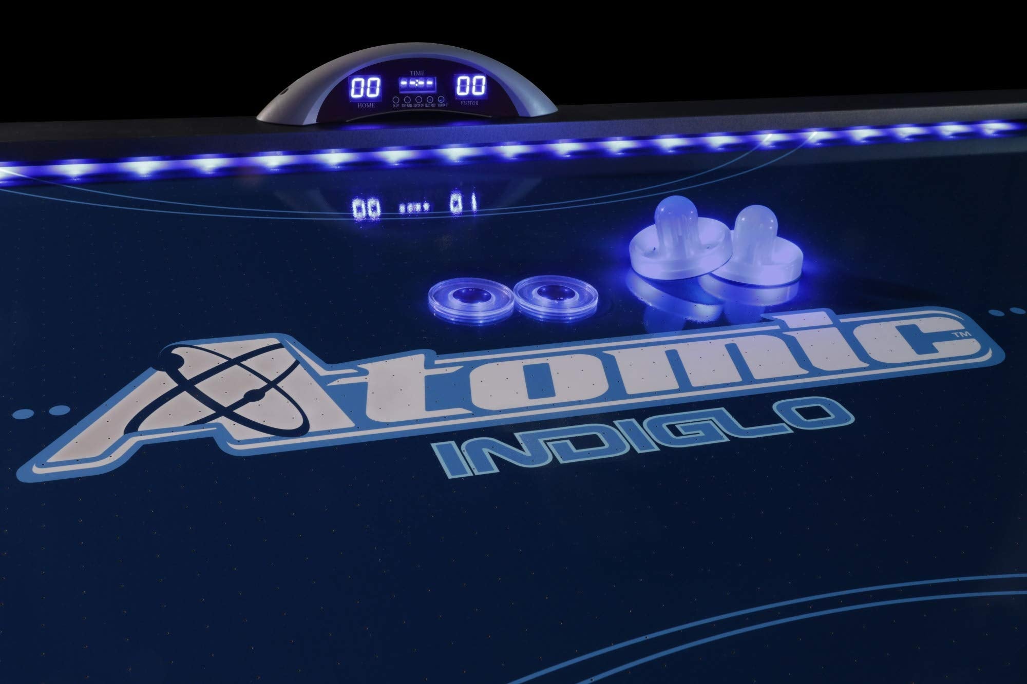 Atomic 90” Indiglo LED Light Up Air Hockey Table – Fully Illuminated Arcade Style Table with LED Scoring, Light Up Pucks & Pushers, in‑Rail Lighting and Music