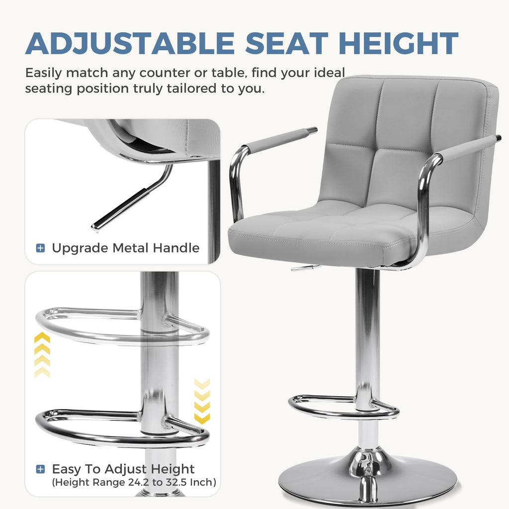 OLIXIS Swivel Bar Stools Set of 4, PU Leather Upholstered Bar Chairs with Back & Armrests, Adjustable Counter Height Stools with Metal Legs for Kitchen Island, Home Bar, Pub, Light Grey
