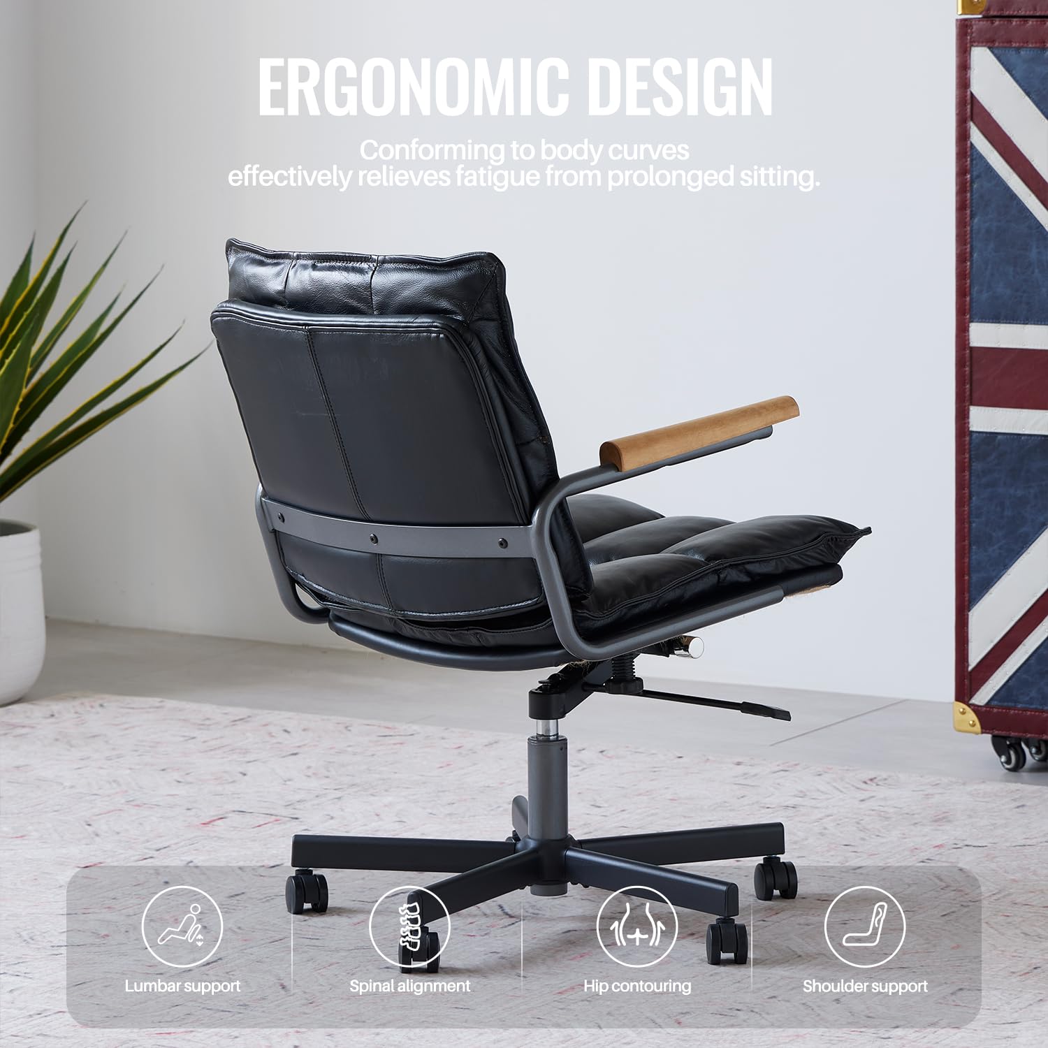 PELLEBAR Home Office Desk Chair, Ergonomic Mid-Century Modern Genuine Leather Chair with Oak Armrest, Executive Rolling Swivel Adjustable Task Armchair for Adults, Black