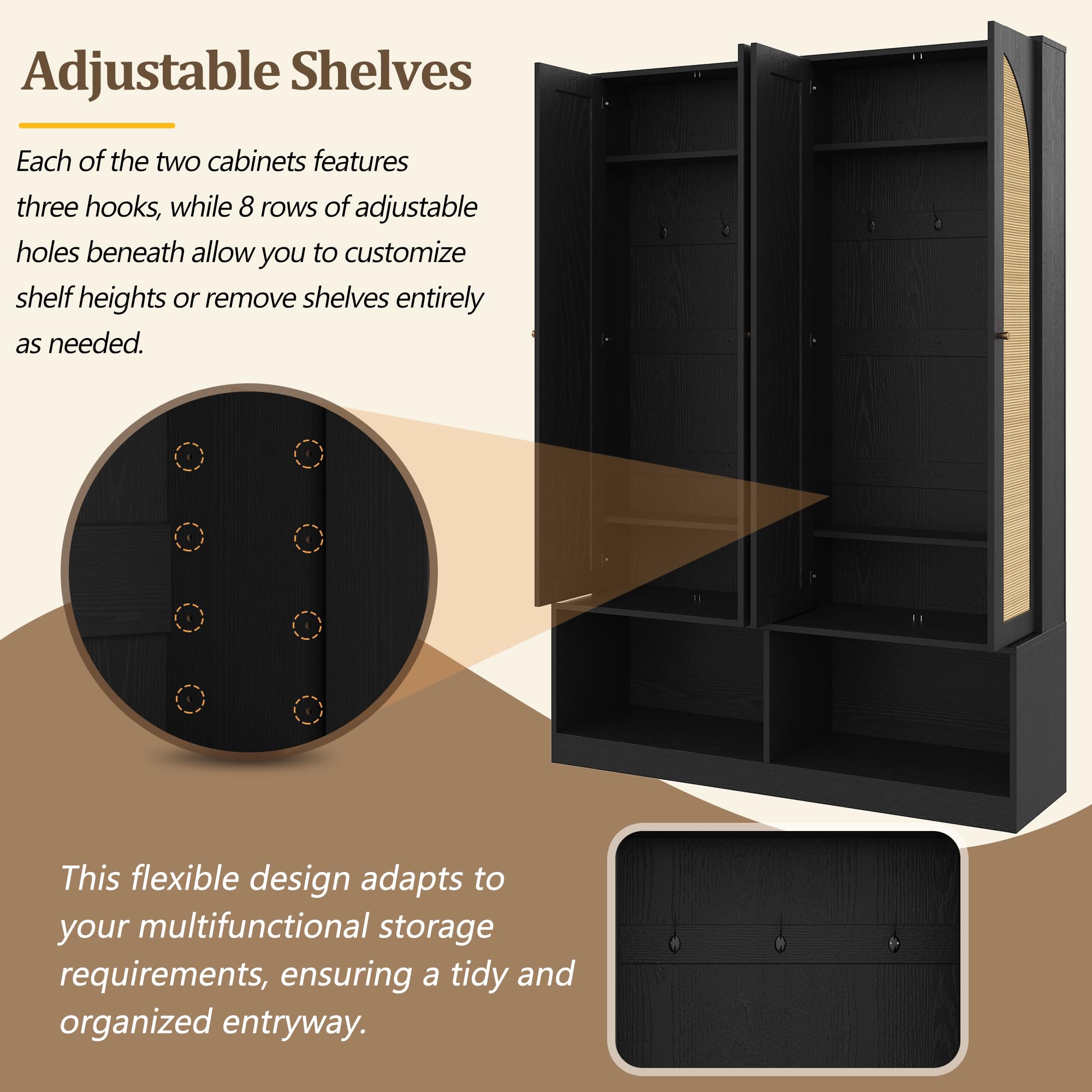 Merax Farmhouse Hall Tree with 4 Rattan Doors & Bench - 55.1" Entryway Shoe Cabinet, 6 Hooks, Adjustable Shelf, Mid-Century Storage for Living Room, Black
