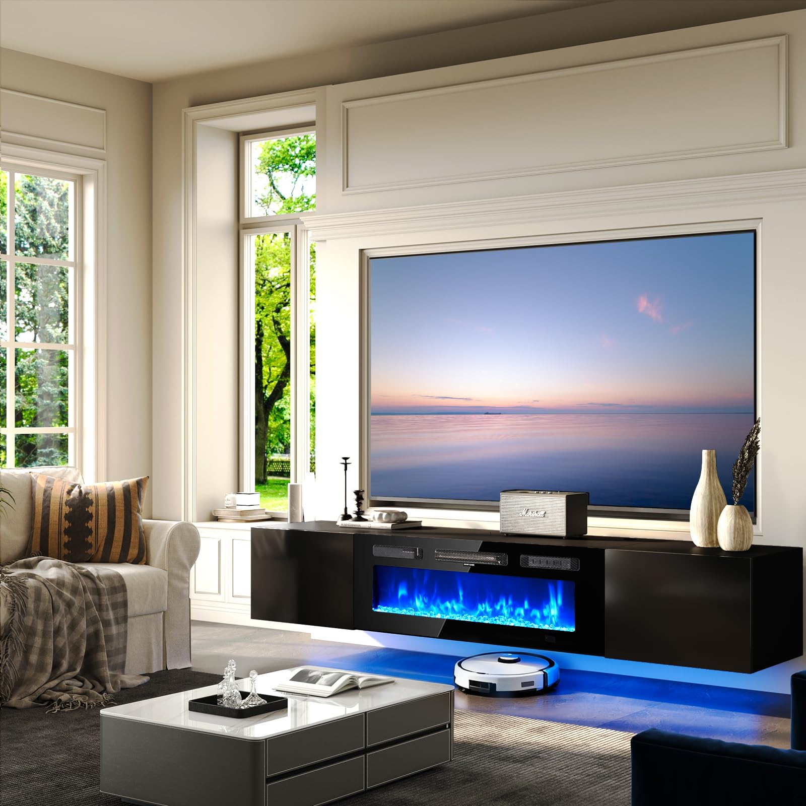 OneBlis 70'' Floating TV Stand with 36" Electric Fireplace, Wall Mounted Entertainment Center with Storage for TVs up to 80", Adjustable 12-Color LED Media TV Console for Living Room,All Black