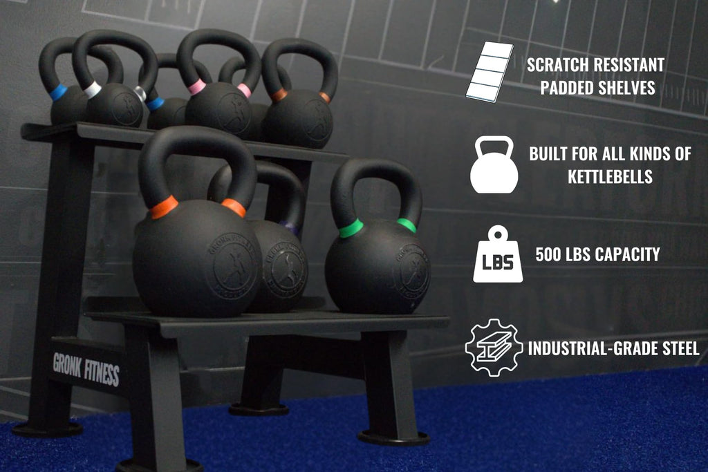 Gronk Fitness Kettlebell Rack | 2-Tier Heavy-Duty Weight Storage Shelf for Home Gym | Scratch-Resistant Padded Shelves | Organize Kettlebells, Dumbbells, and Gym Equipment | Easy Assembly