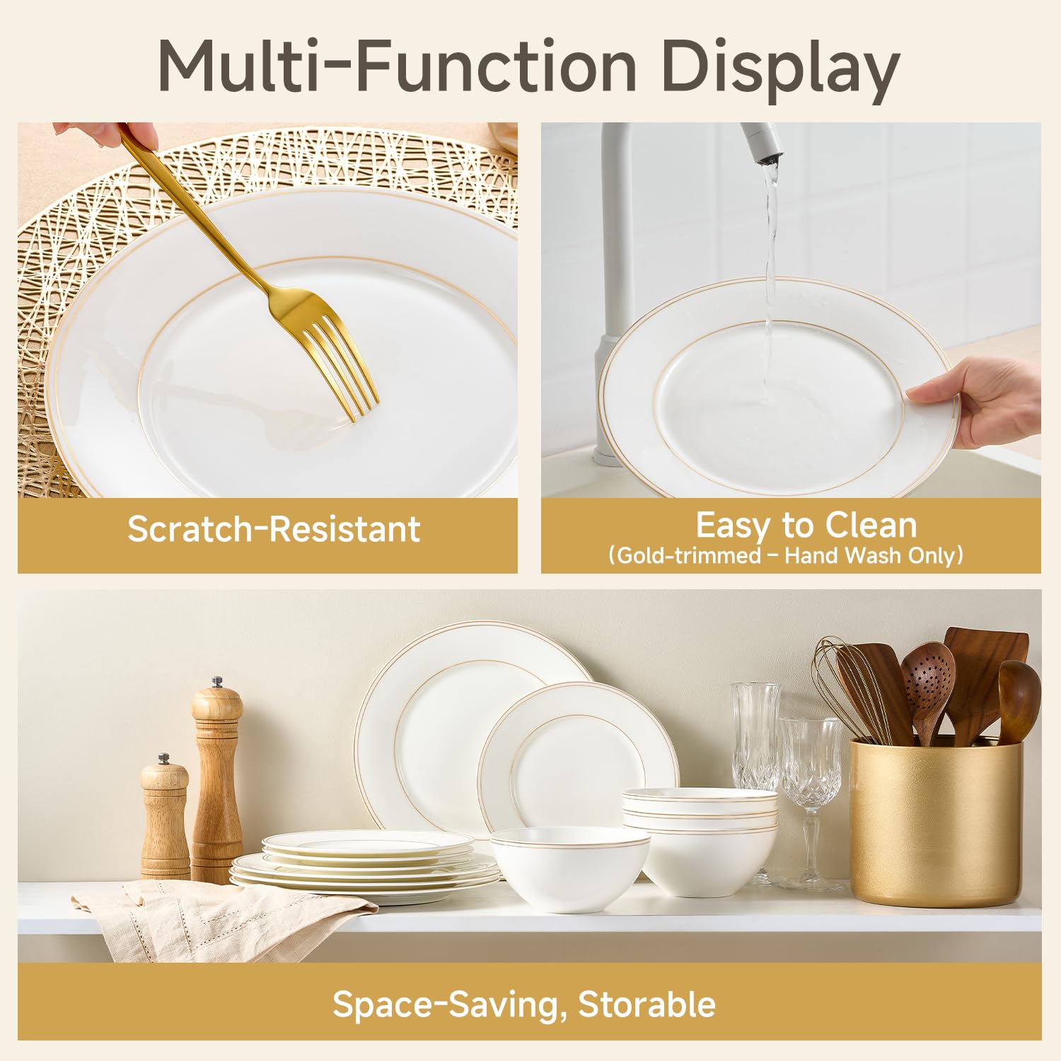 KINGSTONE Bone China Dinnerware Sets, 24-Piece Dishes Set for 8, Elegant Gold Trim Ceramic Plates & Bowls, Luxury Gift, Lightweight Translucent Dishware for Family Dining, Festival Banquet & Party