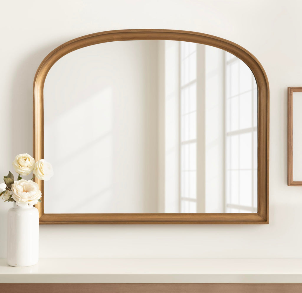 Kate and Laurel Hatherleigh Modern Arched Wooden Wall Mirror, 34 x 28, Gold, Decorative Wood Basket Arch Mirror for Use as Vanity Bathroom Accent or Living Room Mantel Decor
