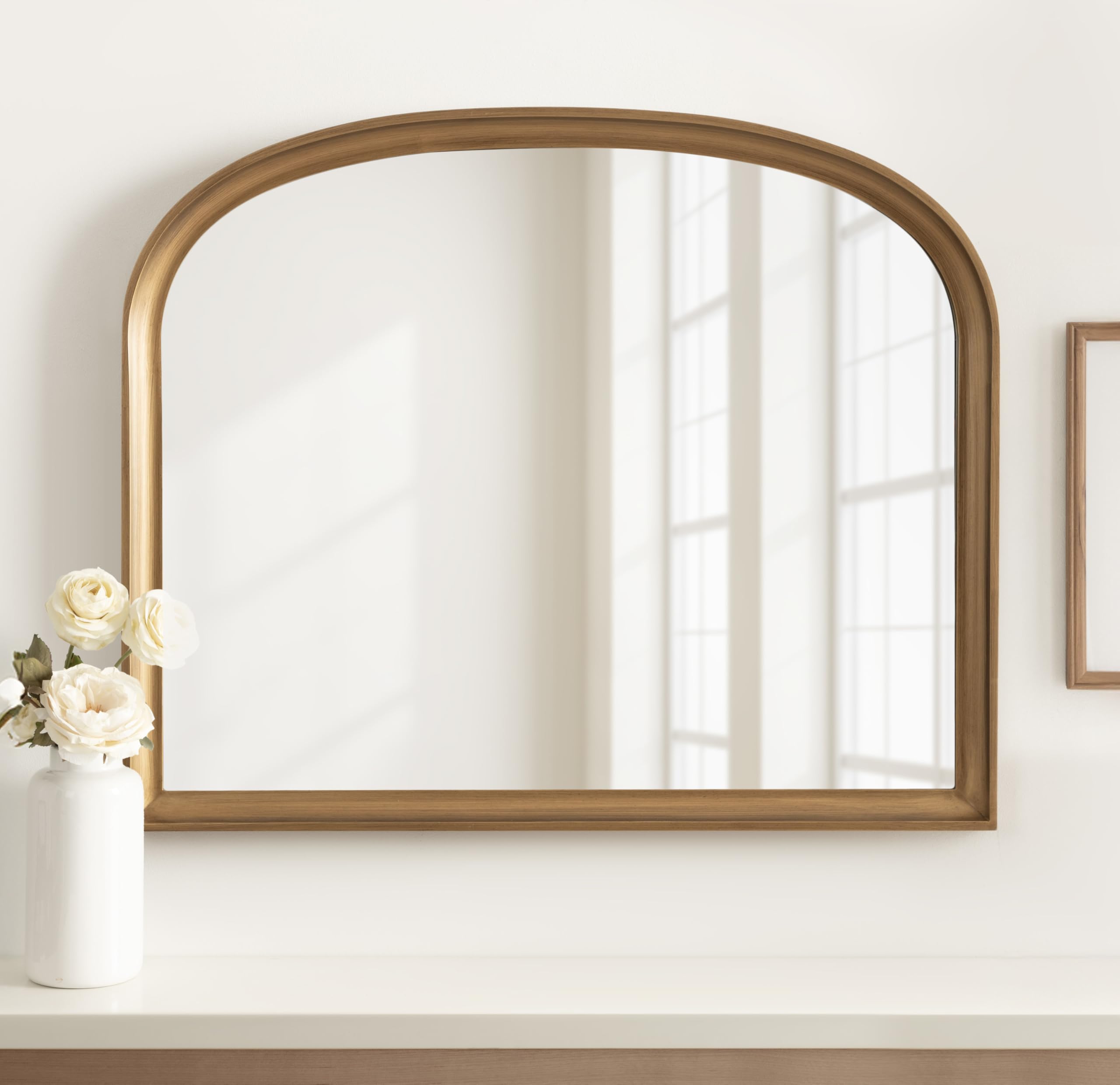 Kate and Laurel Hatherleigh Modern Arched Wooden Wall Mirror, 34 x 28, Gold, Decorative Wood Basket Arch Mirror for Use as Vanity Bathroom Accent or Living Room Mantel Decor