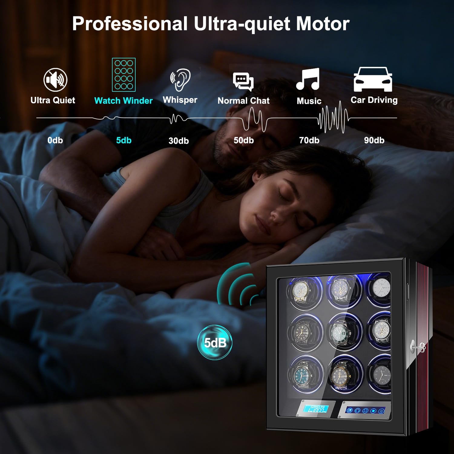 LELTNSOU Watch Winder for 9 Winding Spaces Automatic Watches, Ultra-Quiet Japanese Motors, Built-in LED Illumination and LCD Touchscreen Control