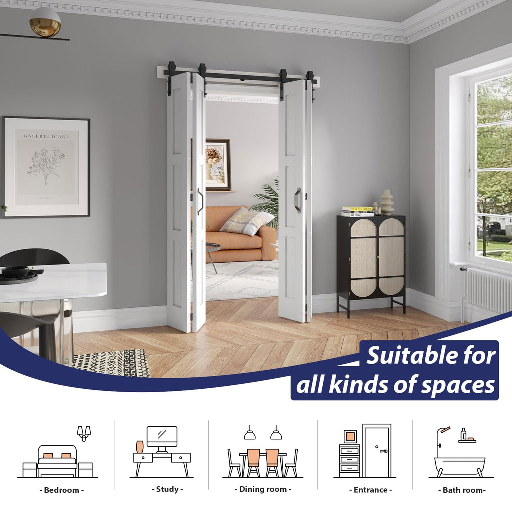 FREDBECK 48in X 84in (for 4 Doors 12x84) White Bi fold Barn Door Bifold Doors with 52" Hardware Track Kit Included,Solid MDF with Water-Proof PVC Surface for Closet,Assembly Required