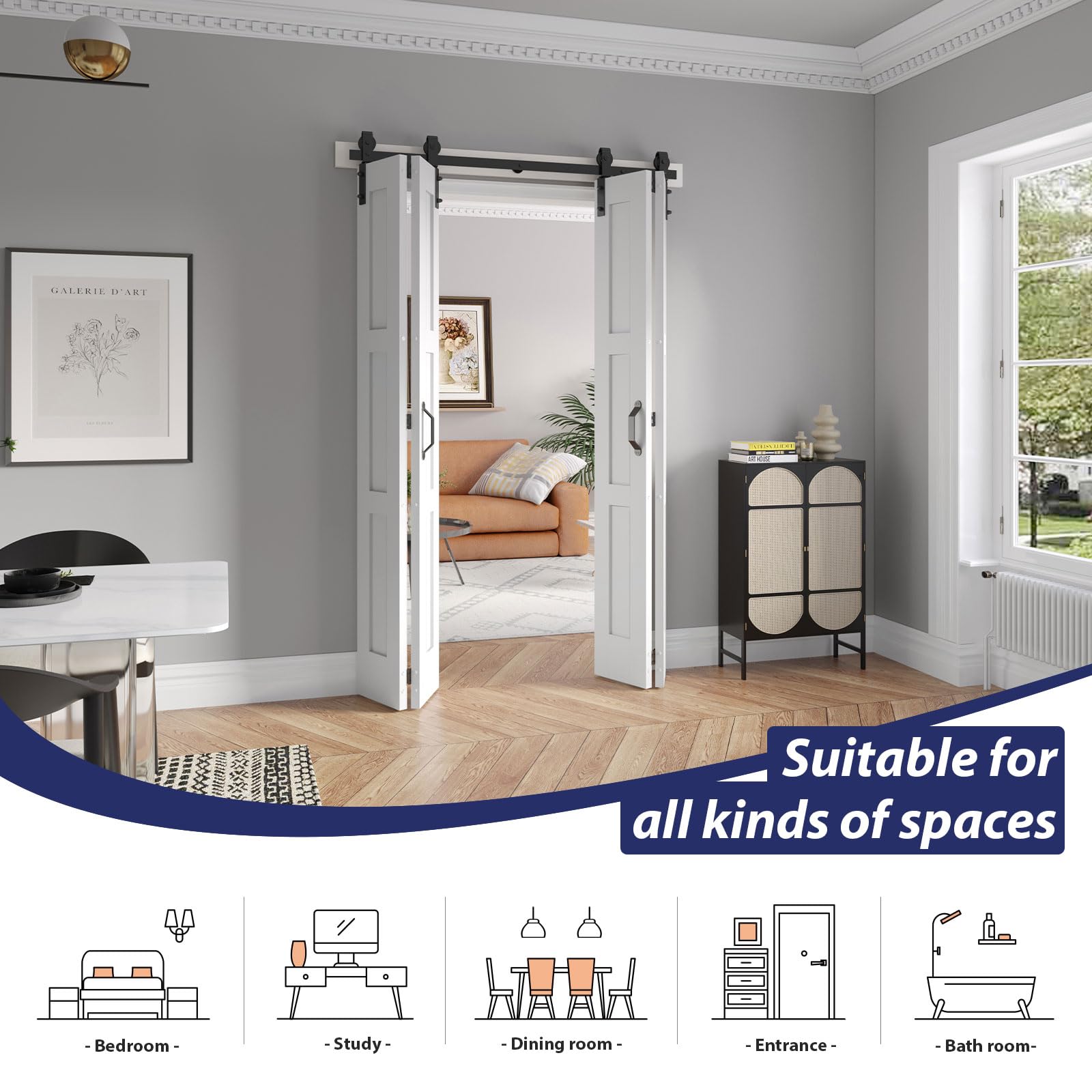 FREDBECK 48in X 84in (for 4 Doors 12x84) White Bi fold Barn Door Bifold Doors with 52" Hardware Track Kit Included,Solid MDF with Water-Proof PVC Surface for Closet,Assembly Required