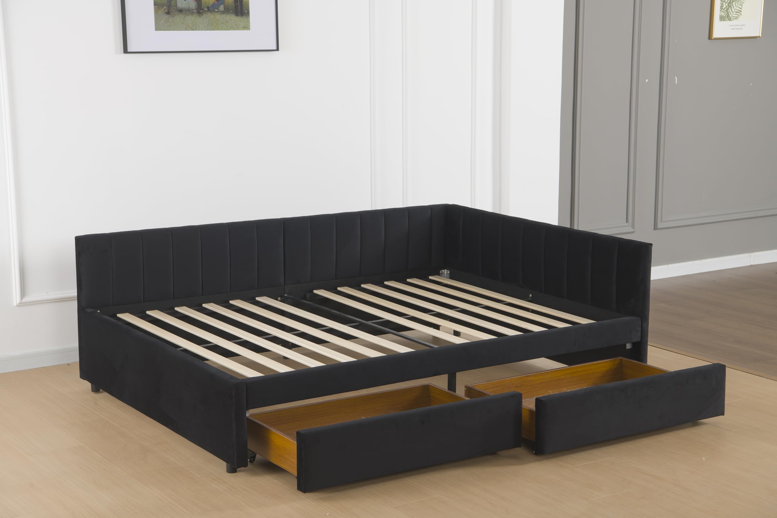 GDFStudio Twin Size Daybed with Trundle, Upholstered Platform Bed Frame with LED Light, Storage Shelves, USB Charging Station, Velvet Twin Bed Frame with Slat Support, No Box Spring Needed, Dark Grey