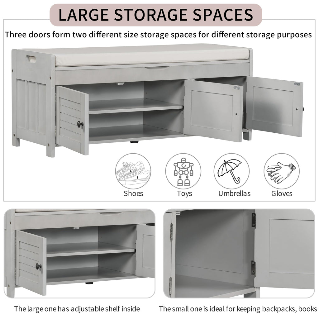 Bellemave Storage Bench with 3 Shutter-Shaped Doors and Flip-Open Storage Box, Shoe Rack for Entryway and Hallway,Shoe Bench with Adjustable Shelves Storage Space and Removable Seat Cushion, Gray Wash