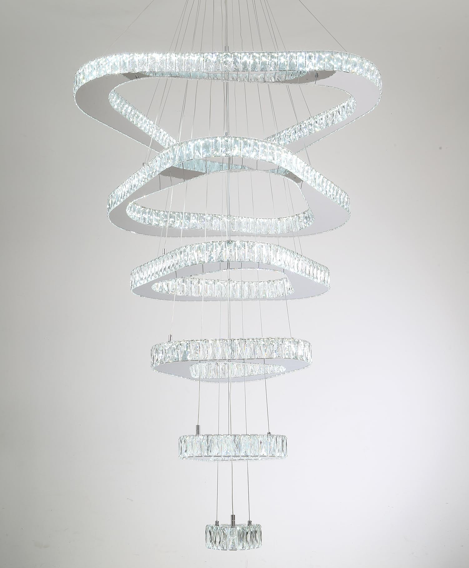 ykolupty H138 Modern Large Chandelier for High Ceiling 6-Rings Chandelier with LED Dimmable Crystal Ring Pendant Light High Ceiling Chandeliers for Living Room Foyer Entryway Silver Hanging Light