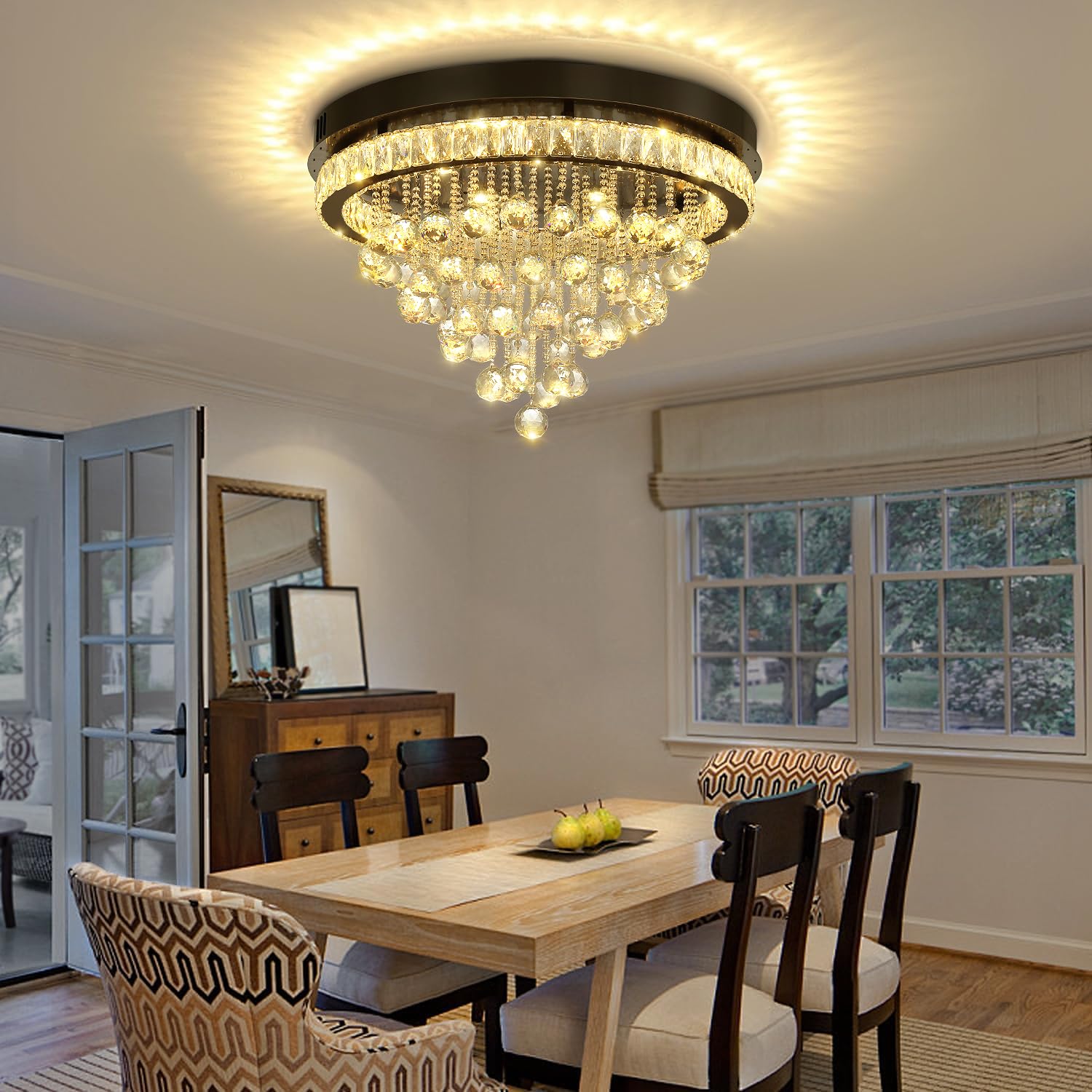 Shial Lighting Dia 24" Modern Crystal Chandeliers for Dining Room,Black Raindrop Chandelier Flush Mount Chandeliers for Living Room Bedrooms Dining Room Dimmable 2700k 4500k 6000k