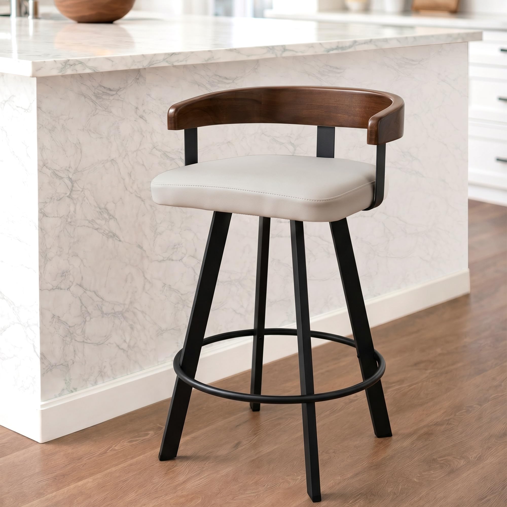 FORSPARK 350 lbs Capacity Bar Stools with Back and Cushion 26" Swivel Counter Height Bar Stools with Solid Wood Back Modern Kitchen Island Chairs with Metal Frame 360°Barstools Dining Room Grey Black