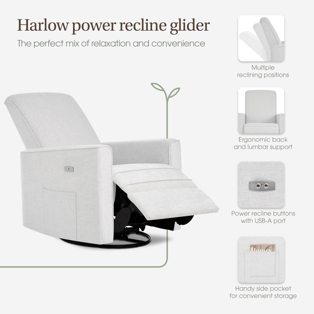 Evolur Harlow Upholstered Power Glider Recliner with USB Charging – Rocking & 275° Swivel with Smooth Glide – Greenguard Gold & FSC Certified – Modern Nursery and Living Room Chair in Fog
