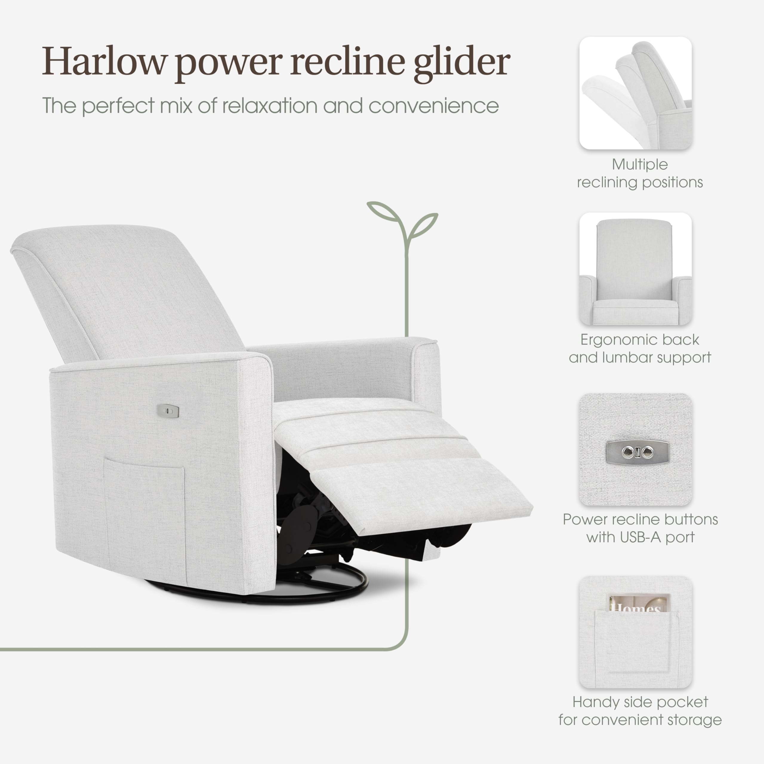 Evolur Harlow Upholstered Power Glider Recliner with USB Charging – Rocking & 275° Swivel with Smooth Glide – Greenguard Gold & FSC Certified – Modern Nursery and Living Room Chair in Fog