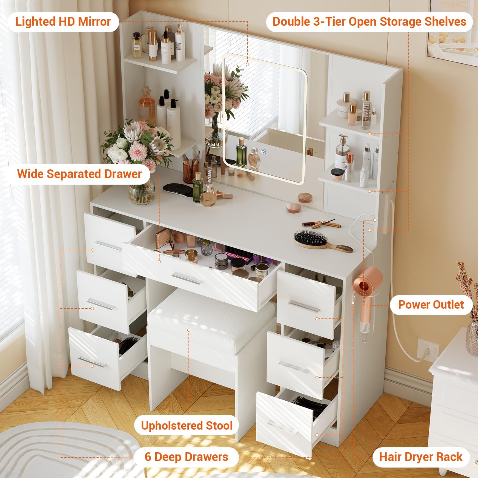 GarveeHome 43" Large Vanity Desk with 3 Colors LED Light and Mirror - Vanity Desk Set with Power Outlet and Hairdryer Rack - Makeup Vanity Table with 7 Drawers and Shelves for Bedroom