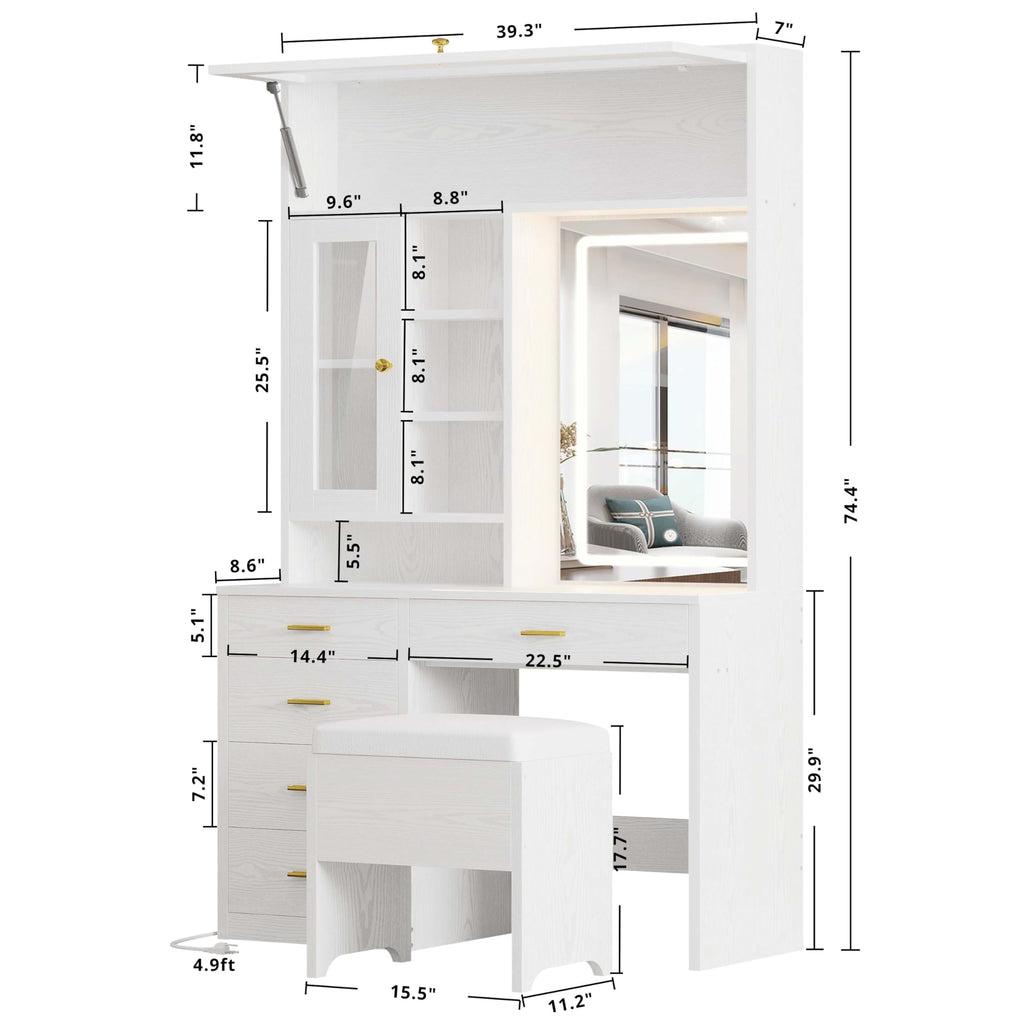 IRONCK Vanity Desk with Lighted Mirror and 5 Drawers and Cabinet Shelves, 74.4" Height Makeup Table Set with Stool, Large Storage and Space Saving, White