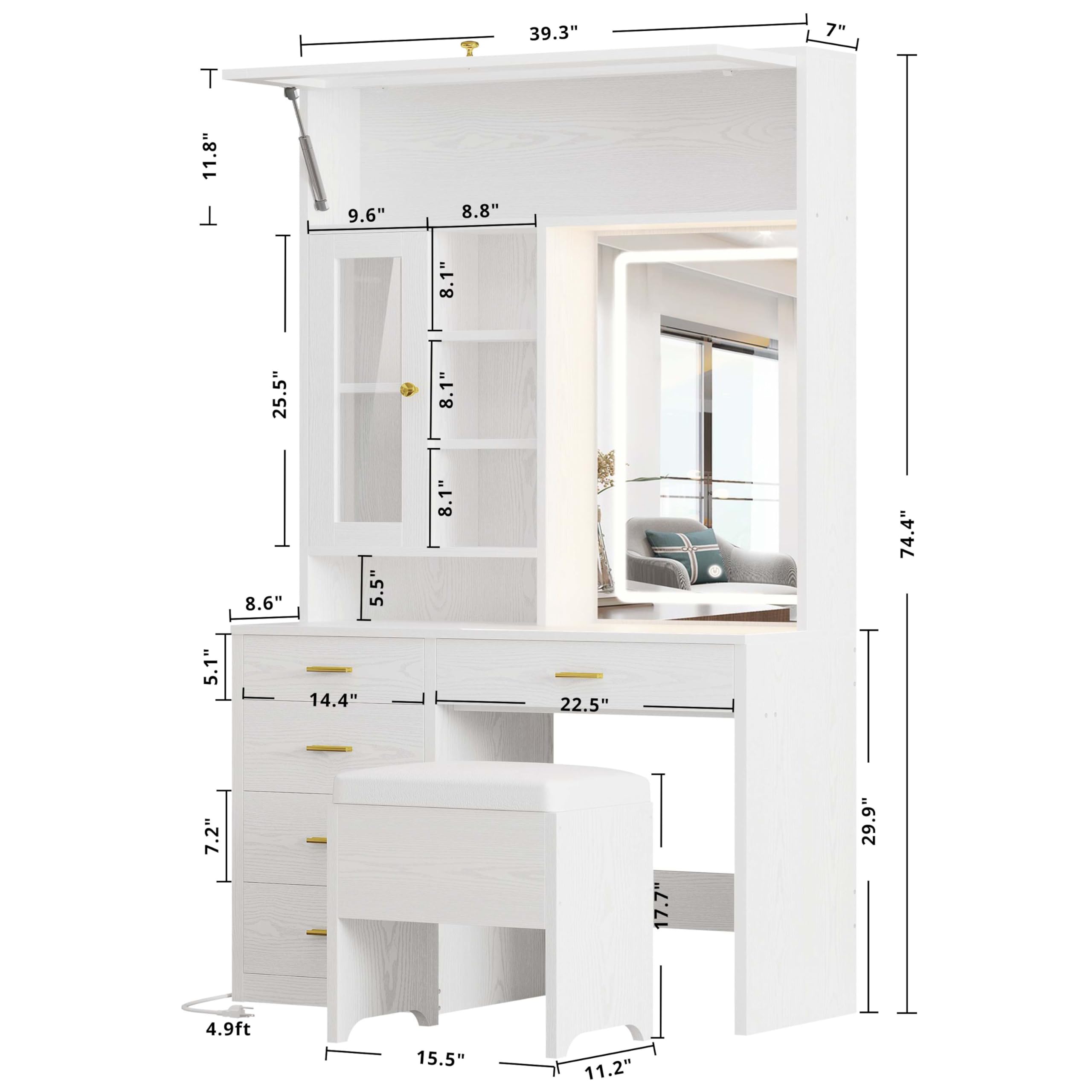 IRONCK Vanity Desk with Lighted Mirror and 5 Drawers and Cabinet Shelves, 74.4" Height Makeup Table Set with Stool, Large Storage and Space Saving, White