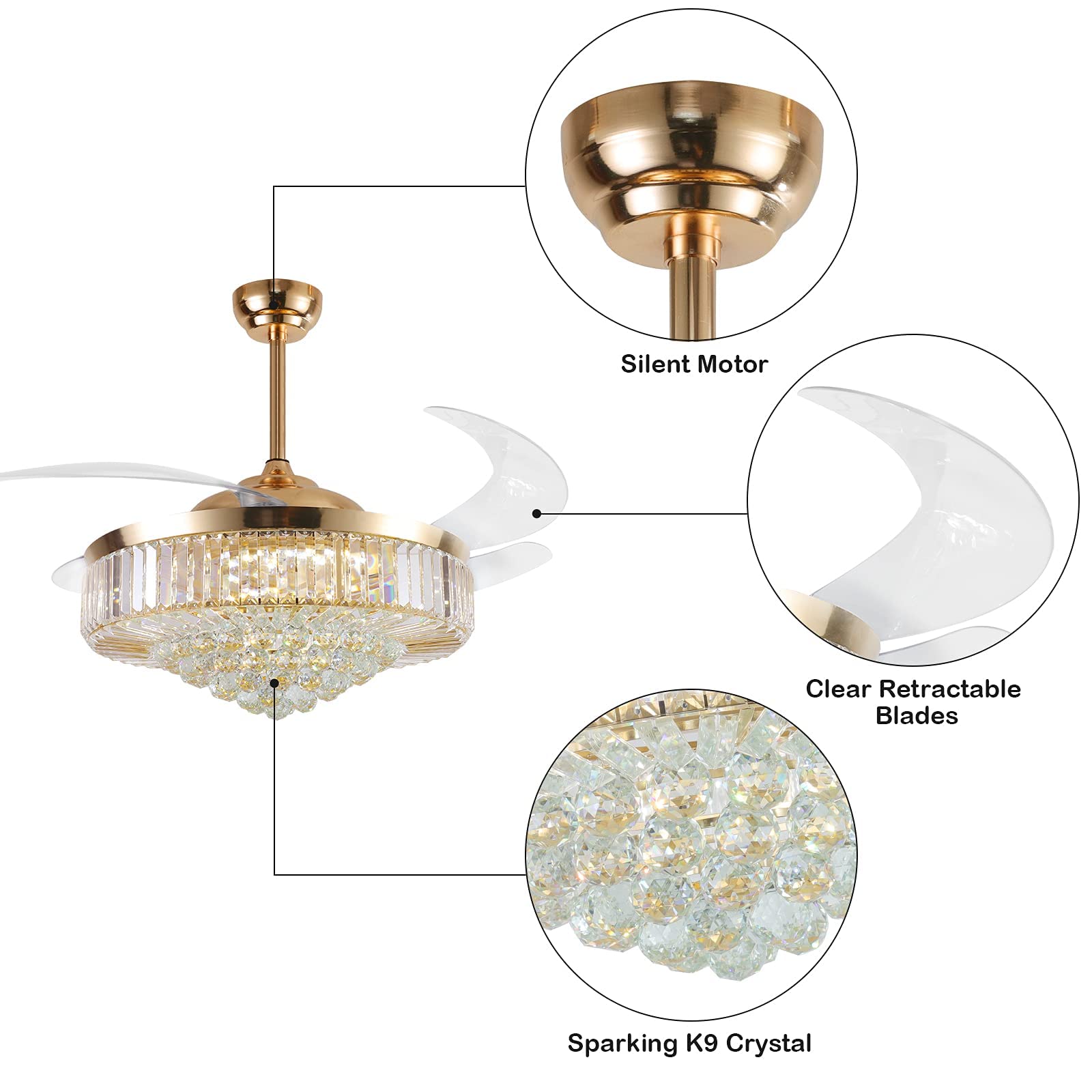 MOOONICHE 52 Inch Crystal Ceiling Fan with Light and Remote Modern Dimmable Fandelier Invisible Retractable Chandelier Fan Gold for Bedroom Living Room