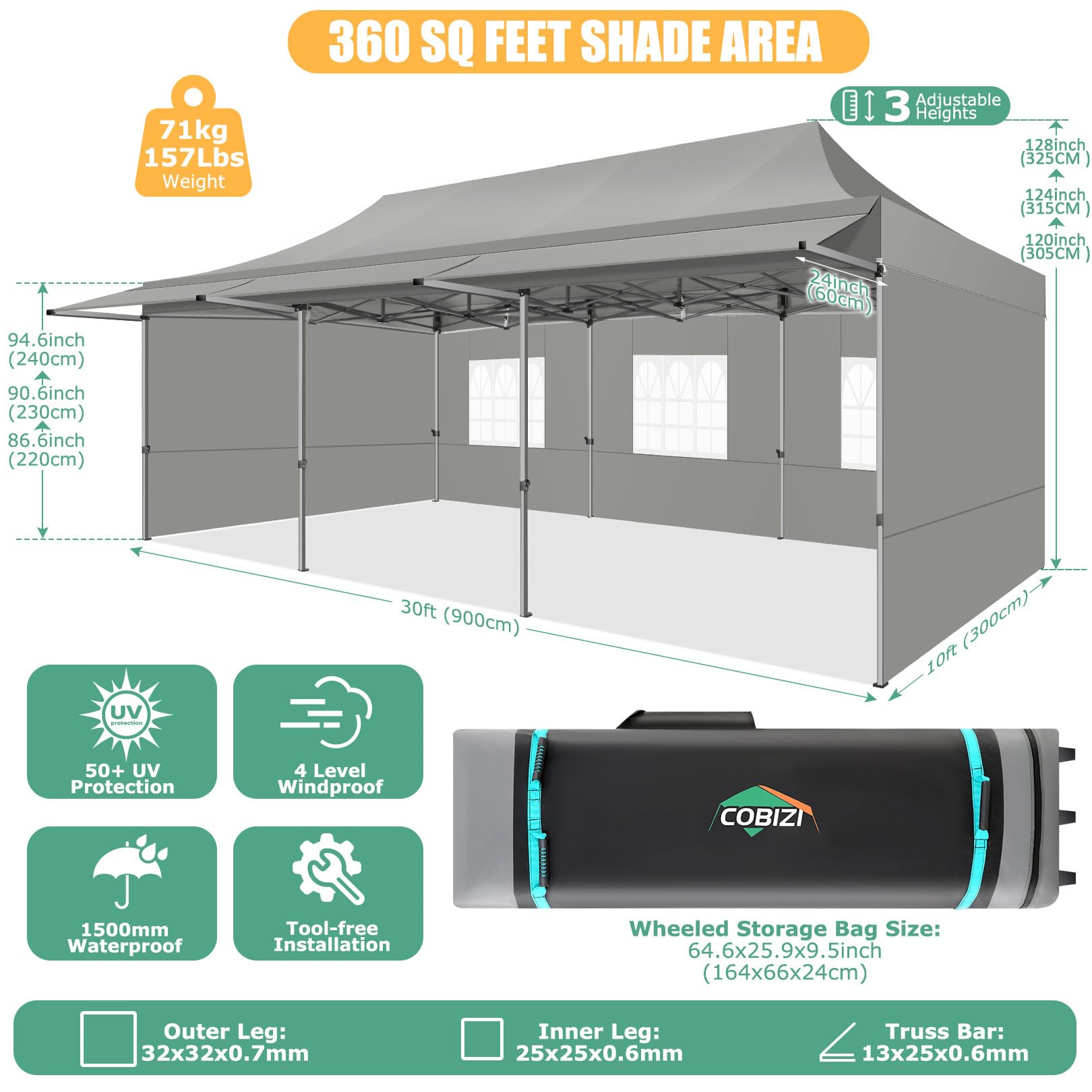 COBIZI 10x30 Pop Up Canopy Tent with Awning,Heavy Duty Canopy UPF 50+ All Season Wind Waterproof Commercial Outdoor Street Vendors Party Tents for Parties Canopy with Roller Bag(10 x 30 ft Gray)