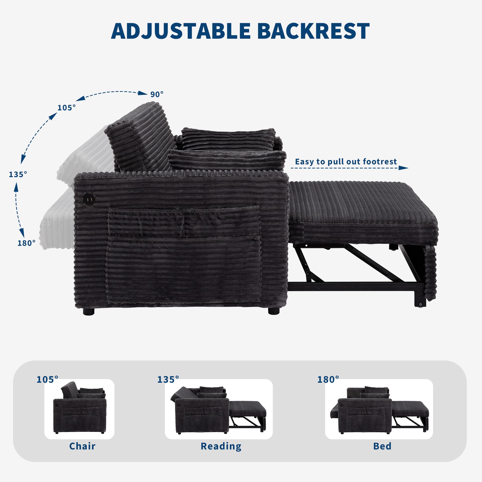 GarveeTech Loveseat Sleeper Sofa Bed, 55'' Pull Out Bed with Adjustable Backrest, Charging Station and Side Pockets, Corduroy Couches for Living Room, Bedroom and Apartment, Dark Grey
