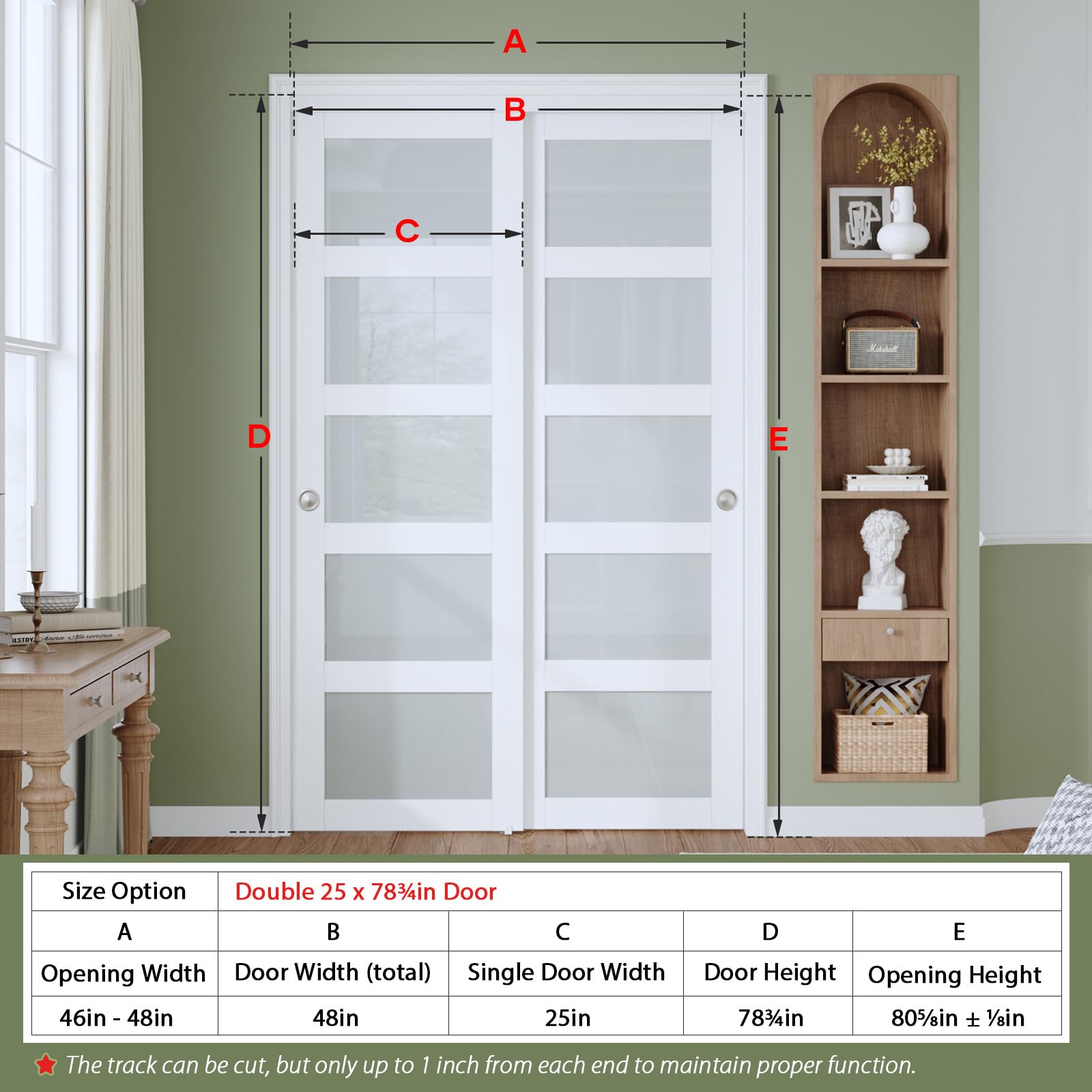 Finosen Bypass Sliding Closet Door Slab, 48 x 80 in (Double 25 inch), 5-Lite Frosted Glass, Barn Door with Hardware Kit Included, Need to Assemble, MDF with PVC Surface, White