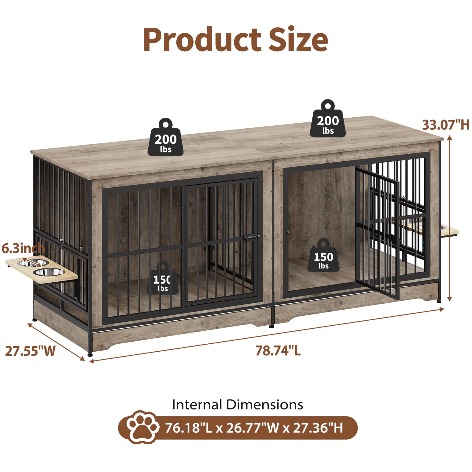 Rovibek 78 Double Dog Crate Furniture for 2 Large Dogs Indoor, Wooden Furniture Dog Crates with Dog Bowl, Dog Kennel Furniture TV Stand Large Breed Grey