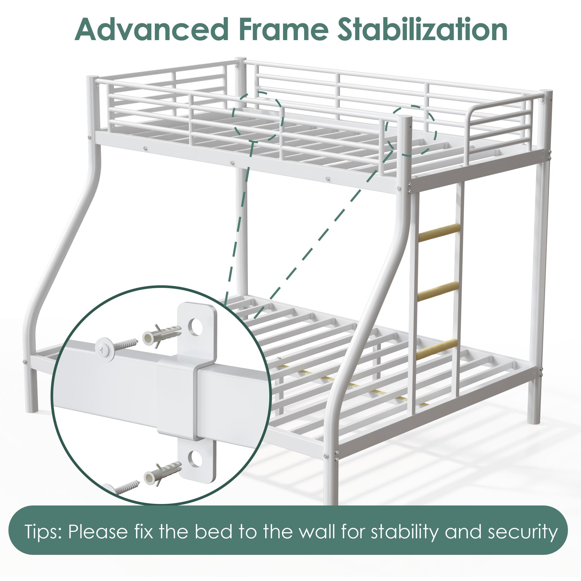 Cyranture Bunk Beds Twin XL Over Queen, Heavy Duty Bunk Beds with Bottom Space & Guardrail Metal Bunk Bed Frame for Adults Teens Dorm Bedroom Guest Room, No Box Spring Needed（White）