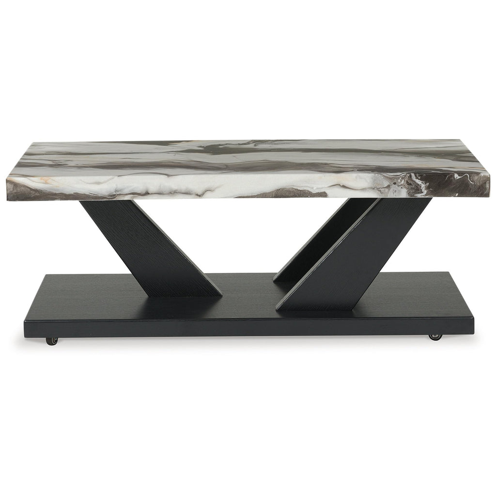 Signature Design by Ashley Cendill Contemporary Faux Marble Table with Casters, Set of 3, White & Black