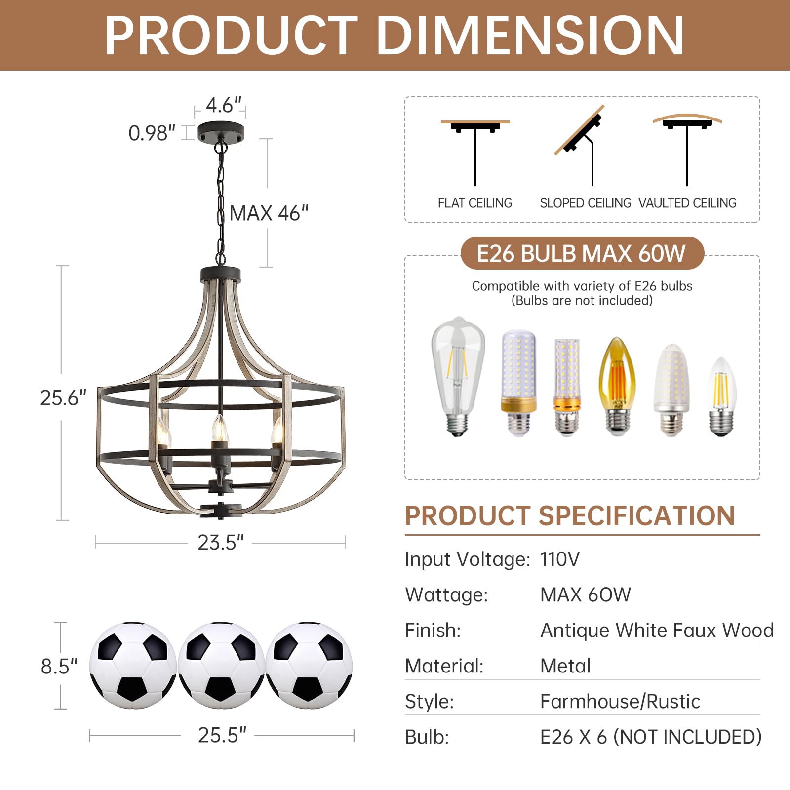 23.6" Farmhouse Chandelier for Dining Room, 6-Light Distressed White Faux Wood Pendant Light Fixtures, Antique Vintage Foyer Chandelier for Entryway Kitchen Island Living Room