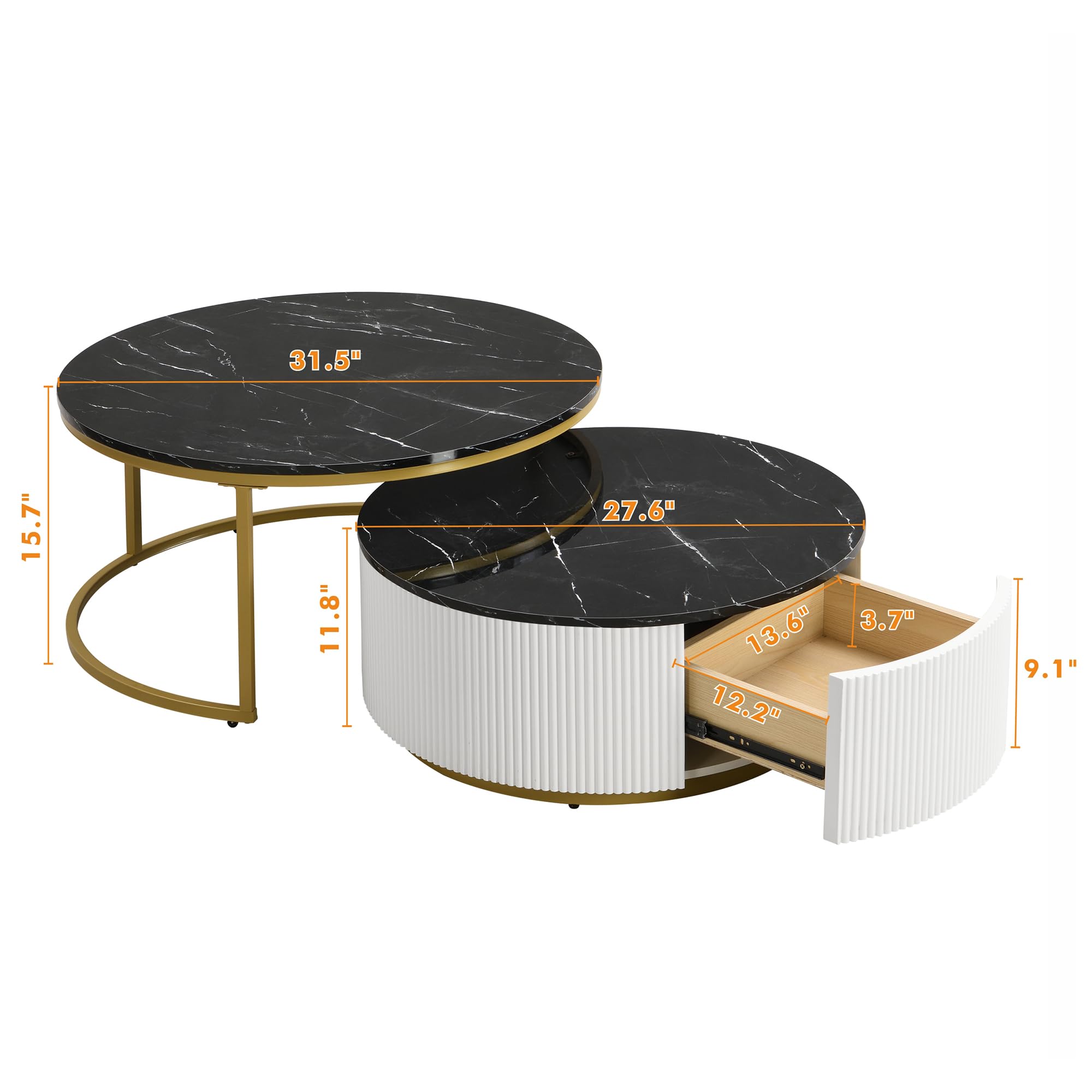 Ball & Cast Round Coffee Table Set of 2,Nesting Desk with Drawers,Smooth Durable Marble Tabletop and Fluted Design,Easy Care & Stain Resistance 31.5" for Bedroom,Living Room,Black & Gold