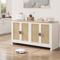 GarveeHome 60 in Farmhouse Rattan Buffet Cabinet - 4-Door Woven Storage Sideboard with Adjustable Shelves, Kitchen Console Table for Dining Room & Living Room Entryway (White & Brown)