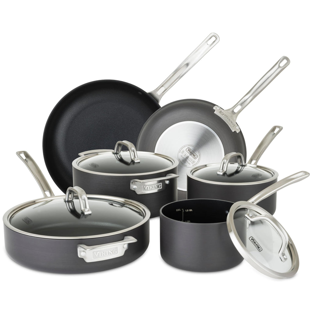 Viking Pots and Pans Set Non Stick, 10 Piece Hard Anodized Kitchen Cookware with Glass Lids, Black