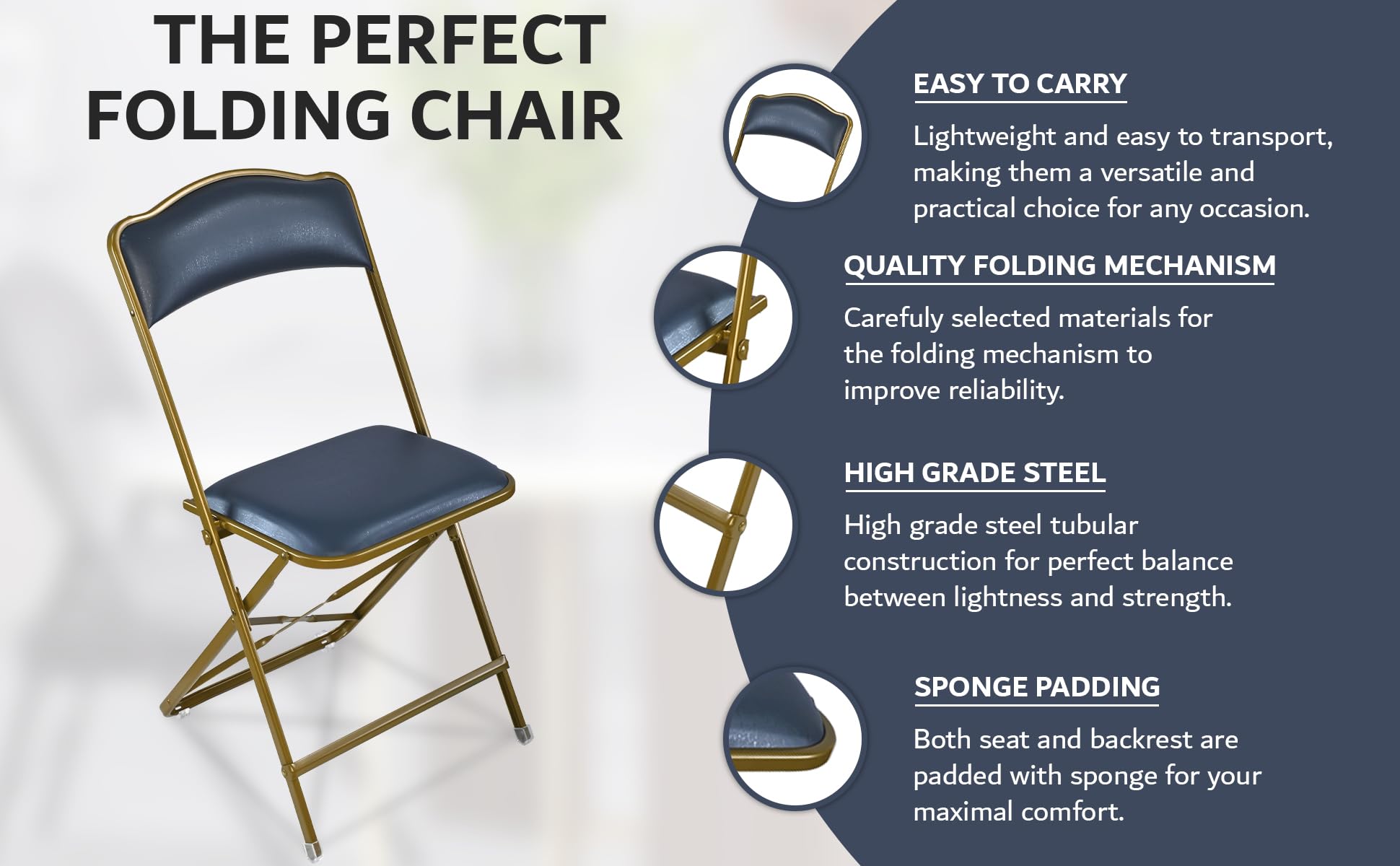 Folding Chairs with Padded Seats 4 Pack - Foldable Chair with Heavy-Duty Steel Frame, Elegant Party Bridge Chairs, Metal Chair for Outside, Home, Office, Indoor & Outdoor Events - Gold/Navy