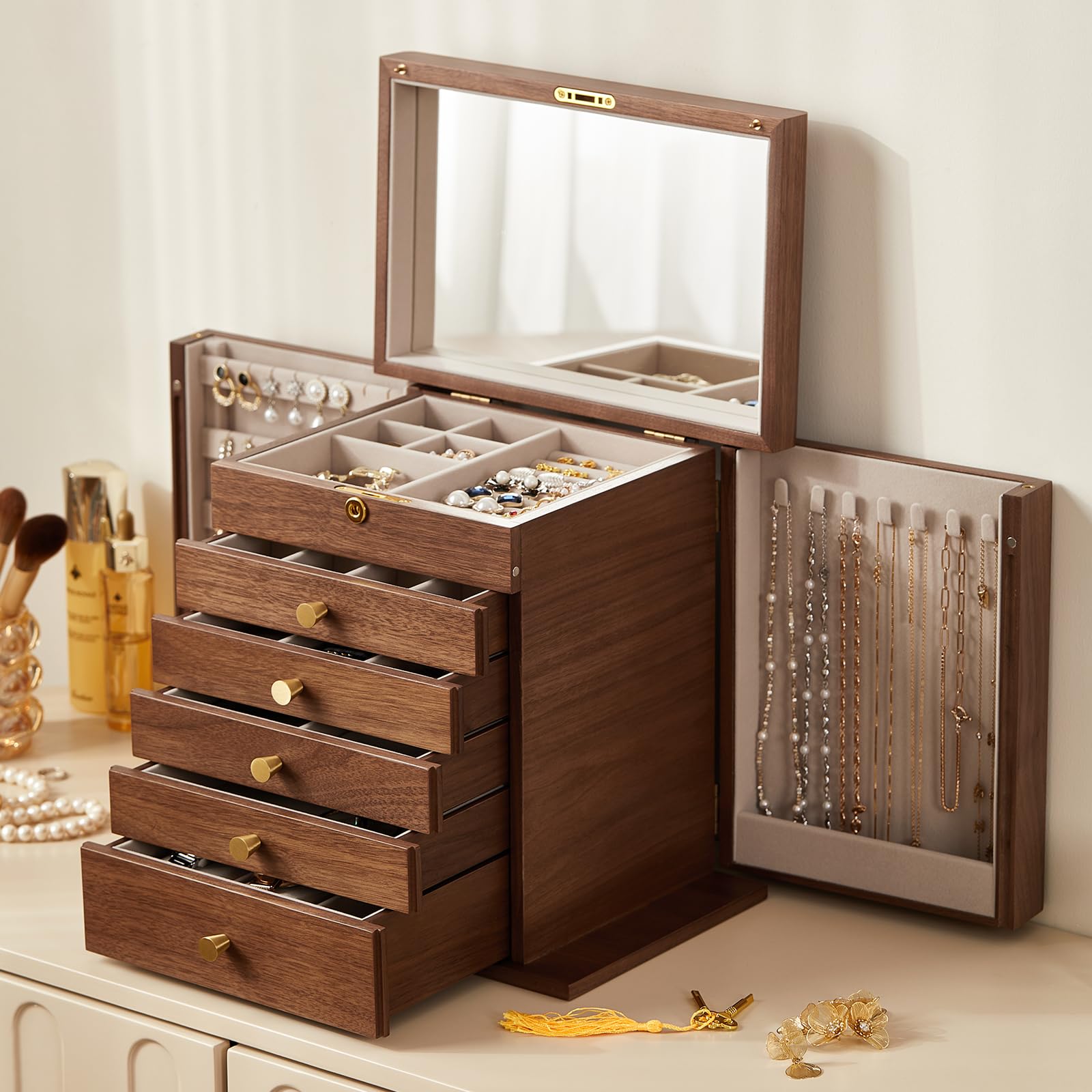 Homruilink Black Walnut Wooden Jewelry Box, Wood Jewelry Organizer with 2 Side Doors Mirror Lockable Classical Style for Watch Necklace Ring Earring Storage, Ideal Gift-6 Layer