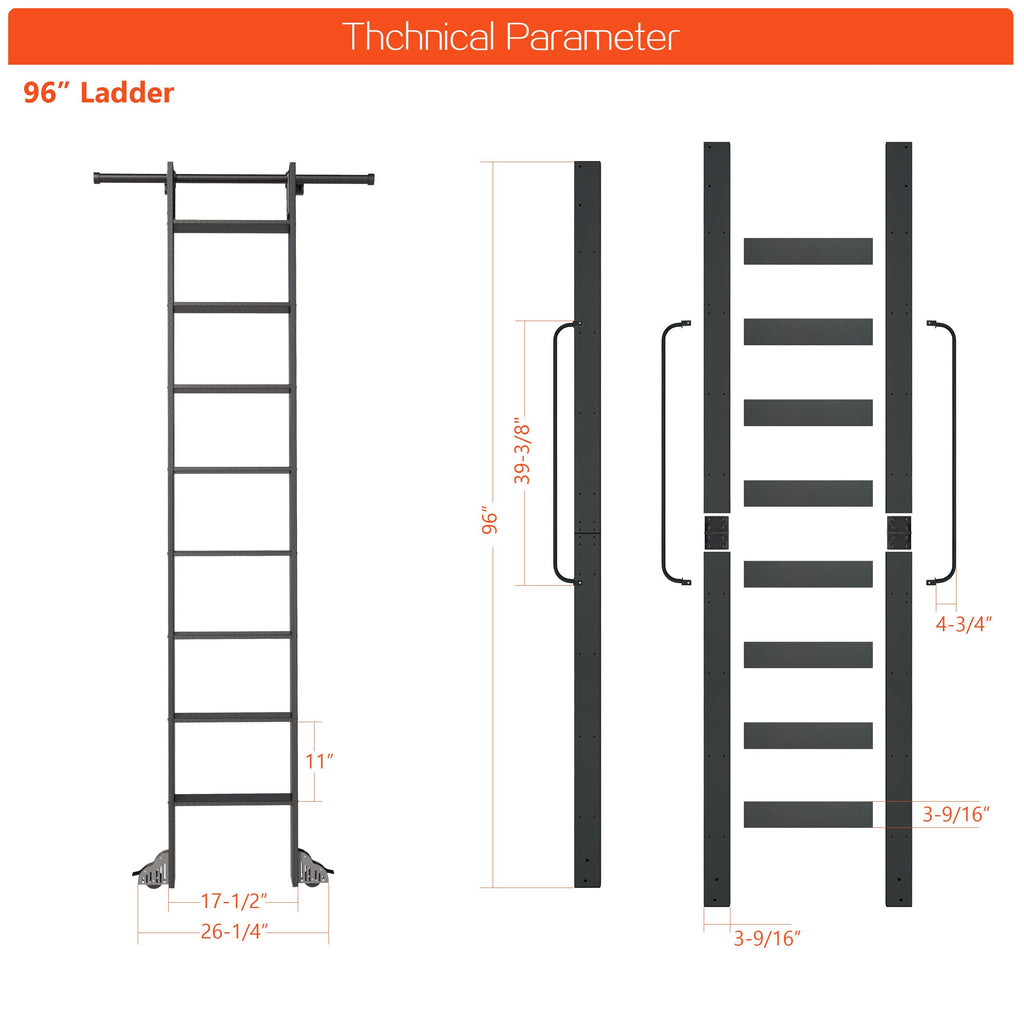 DIYHD 96" Lightweight Sliding Library Ladder with Handrail, Rolling Bookshelf Ladder with 4FT Rail System, Telescopic Top Hook, Upright Space-Saving Storage Design, 8 Steps, 300 Pound Capacity, Black