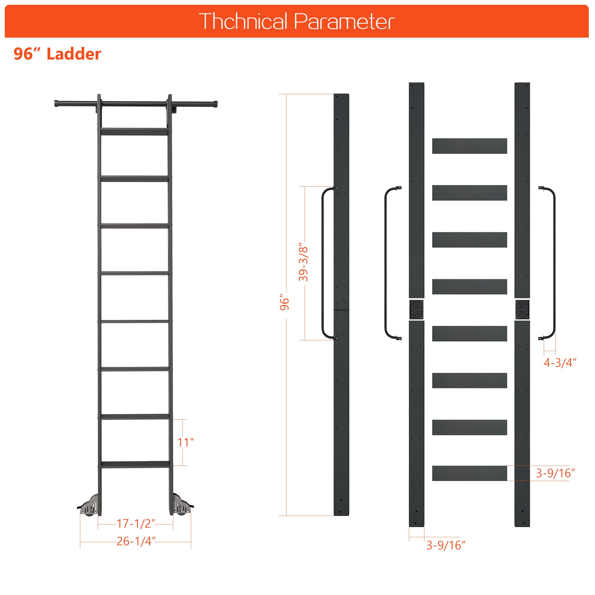 DIYHD 96" Lightweight Sliding Library Ladder with Handrail, Rolling Bookshelf Ladder with 4FT Rail System, Telescopic Top Hook, Upright Space-Saving Storage Design, 8 Steps, 300 Pound Capacity, Black
