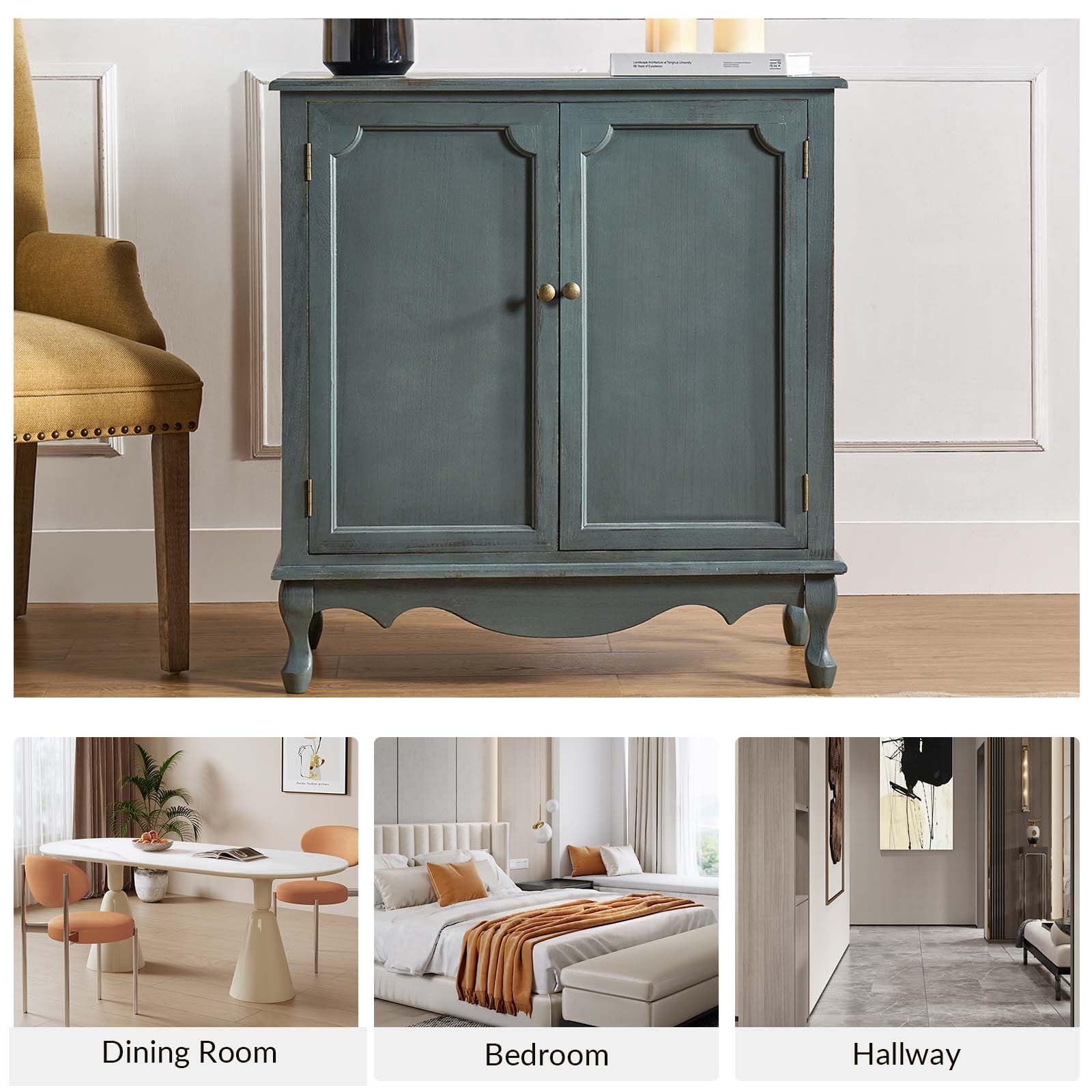 HULALA HOME Antique Accent Cabinet with 2 Doors, Buffet Cabinet with Storage, 2 Shelves Sideboard for Kitchen, Living Room, Blue