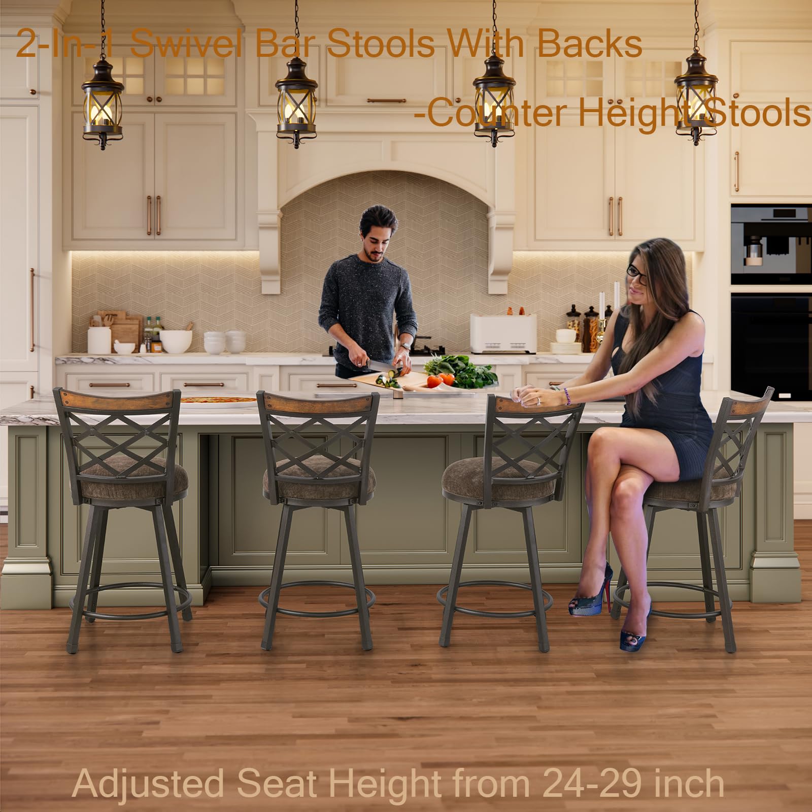 KORZEY Swivel Bar Stools Set of 4, 25/30 Inch Adjustable Black PU Leather Bar Chair with Black Frame, Mid-Century Upholstered Counter Barstools with Backs