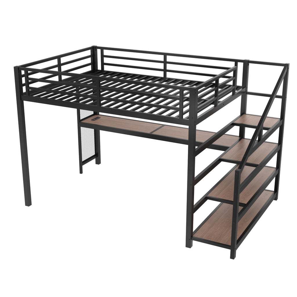 Queen Size Loft Bed with Desk and Storage Stairs, Metal Loft Bed Frame with LED Lights, Charging Station, and Multi-function Iron Nets, Loftbed for Kids, Teens, Adults, Noise-free, Black and Wood