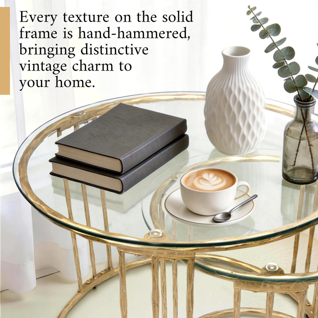 BEGINS Nesting Coffee Table Set of 2, 23.6" Round Coffee Table, Hand Forged Vintage Gold Center Table with Glass Top for Living Room, Bedroom, Balcony