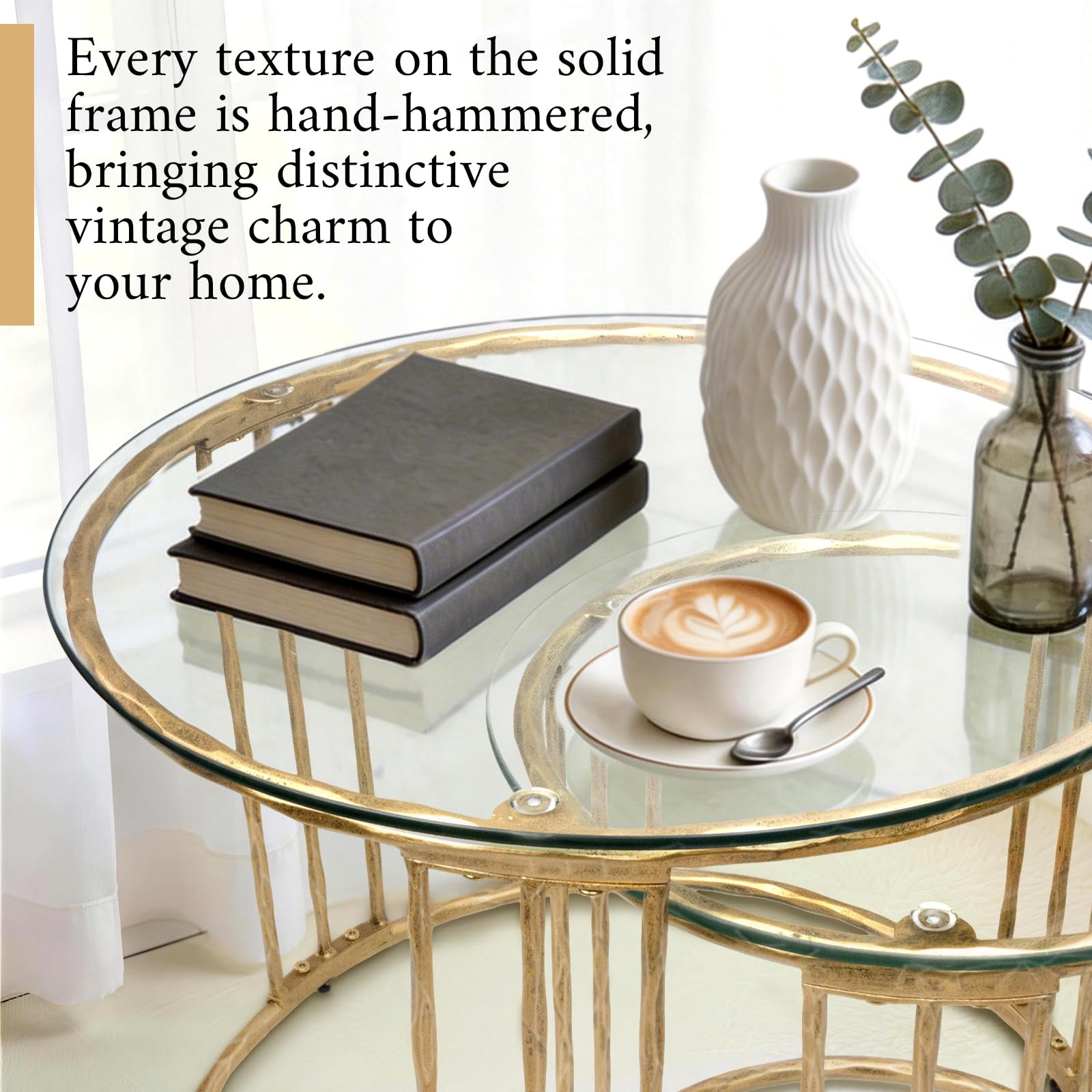 BEGINS Nesting Coffee Table Set of 2, 23.6" Round Coffee Table, Hand Forged Vintage Gold Center Table with Glass Top for Living Room, Bedroom, Balcony