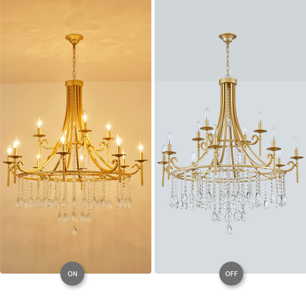 WUZUPS Candle Chandelier 12-Light Wagon Wheel Pendant Ceiling Light Modern Lighting Fixture for Bedroom Hallway Bar Kitchen Dinning Living Room Bathroom, Gold