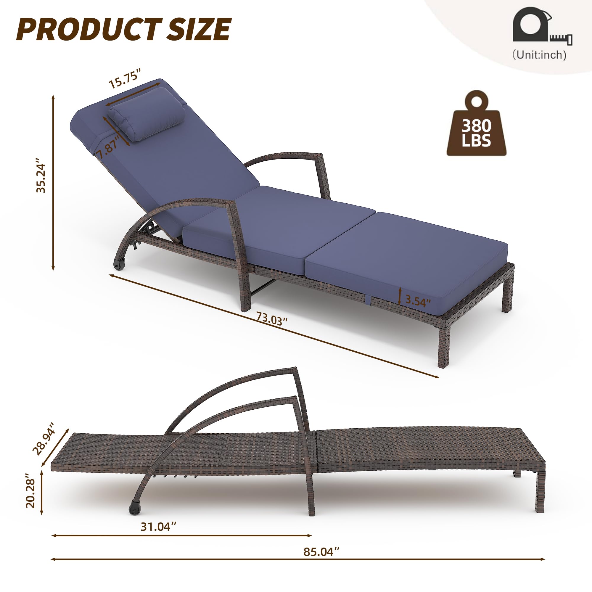 GarveeLife 2-Piece Rattan Patio Folding Chaise Lounge, 5-Position Adjustable Backrest Outdoor Lounge Chair with Cushion and Pillow for Poolside, Backyard, Deck, Porch, Blue