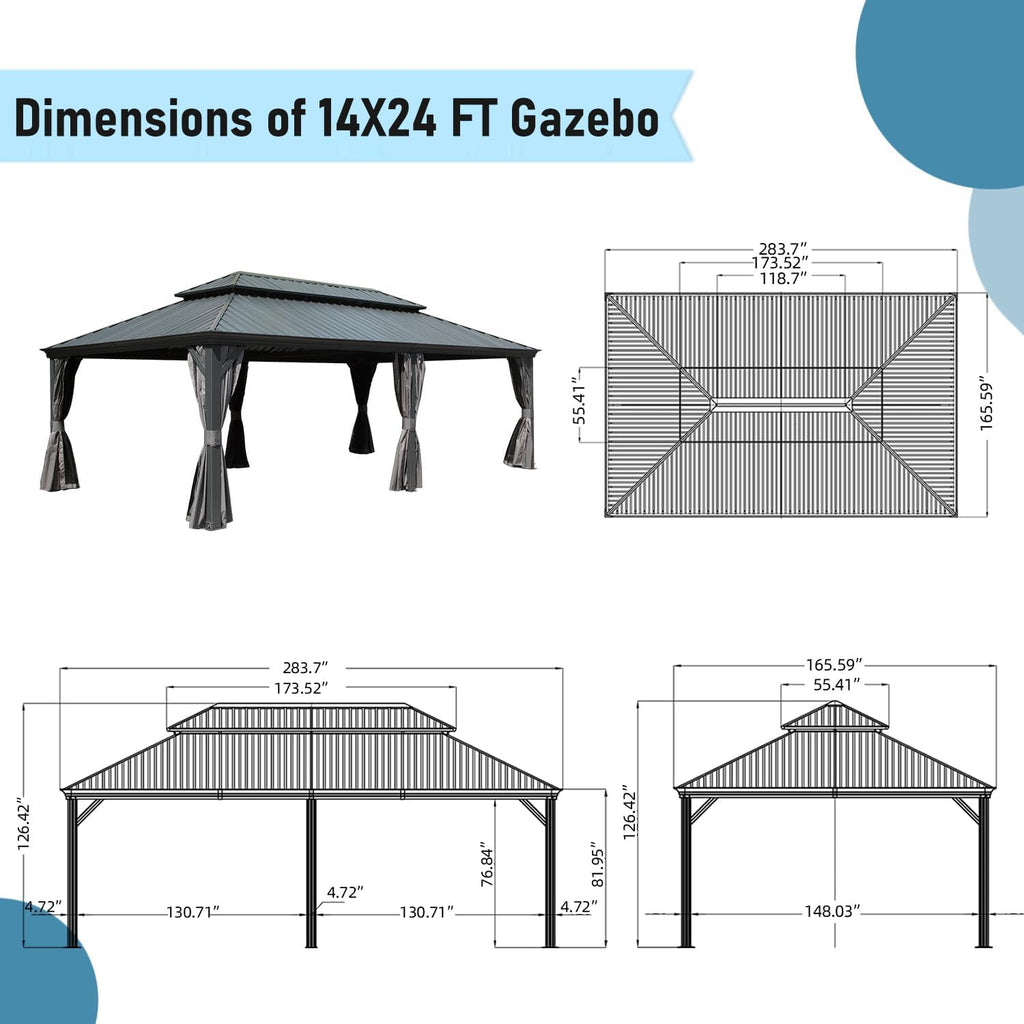 Ginkartu 14x24FT Hardtop Gazebo, Outdoor Gazebo with Galvanized Steel Double Roof, Aluminum Frame, Built-in Gutter System, Curtain and Netting, Metal Gazebo Pavilion for Patio Deck Garden, Grey