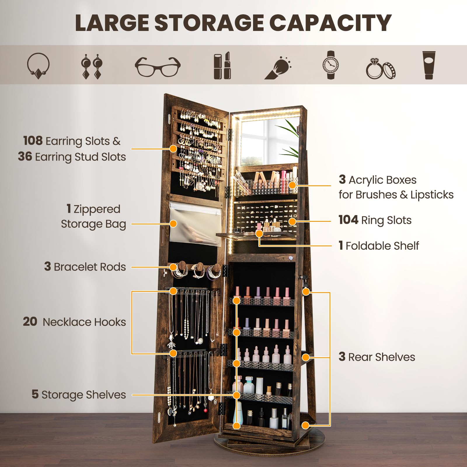 CHARMAID 360° Rotating Jewelry Armoire with LED Lighted Full Length Mirror & Built-in Vanity Mirror, Lockable Standing Jewelry Cabinet with Lights, Large Storage Organizer for Jewelry (Rustic Brown)